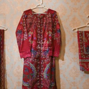 Maroon Printed 3-Piece Lawn Suit with Embroidered Organza Patti