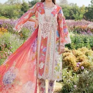 Pink Printed Lawn 3-Piece Unstitched Suit with Embroidered Neck Patch
