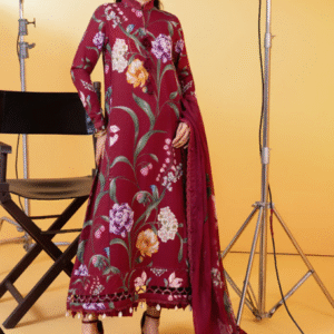 Maria B – Red Digital Printed Slub Khaddar 3-Piece Winter Suit