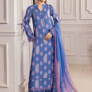 Blue Digital Printed Linen 3-Piece Winter Suit
