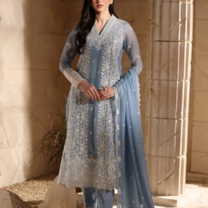 Greyish Blue Sequins Embroidered Chiffon 3-Piece Suit