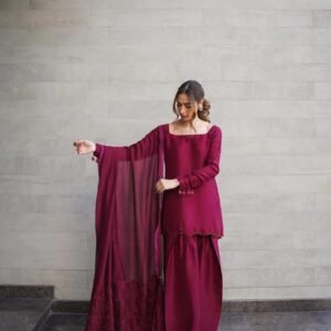 IZEL Burgundy Raw Silk Long Farshi Shalwar 3-Piece Suit